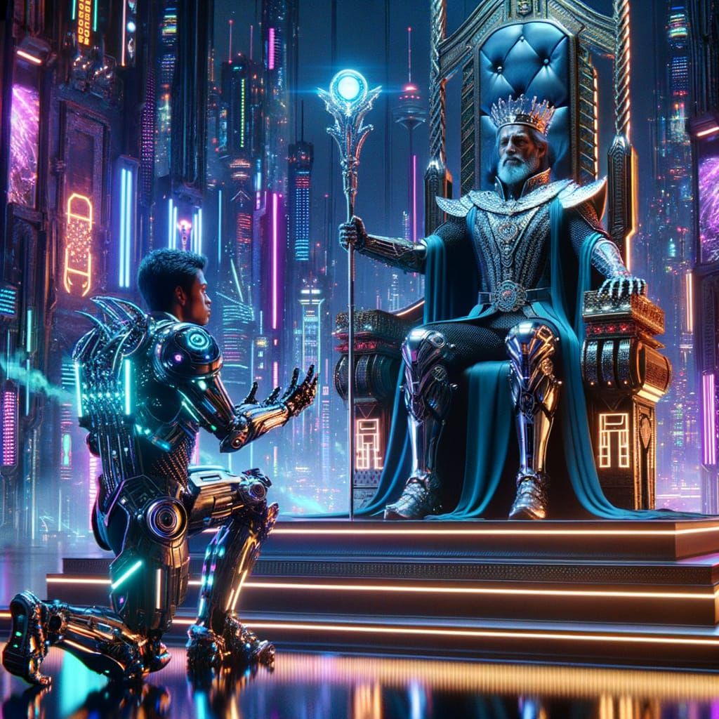 Futuristic Knight Kneels Before King in Neon City