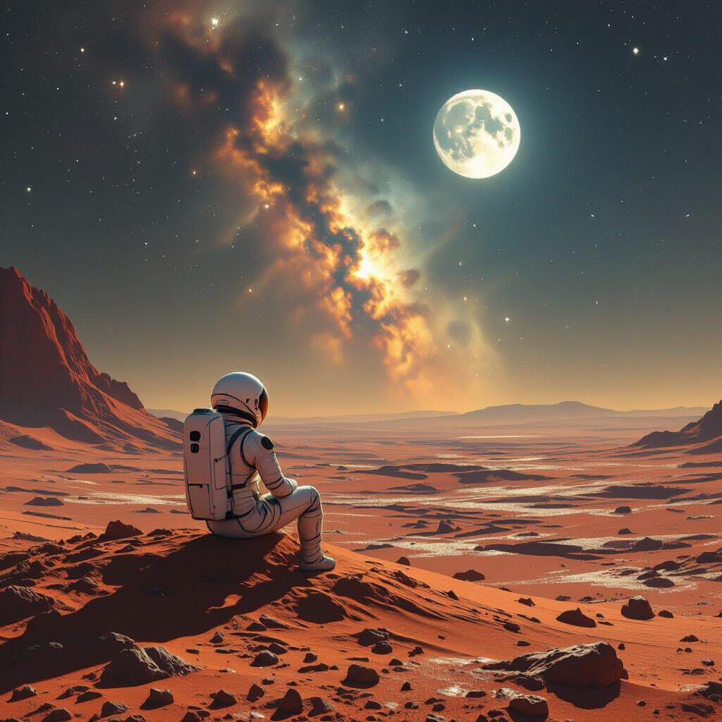 Astronaut Gazes at Nebula Sky on Alien Planet