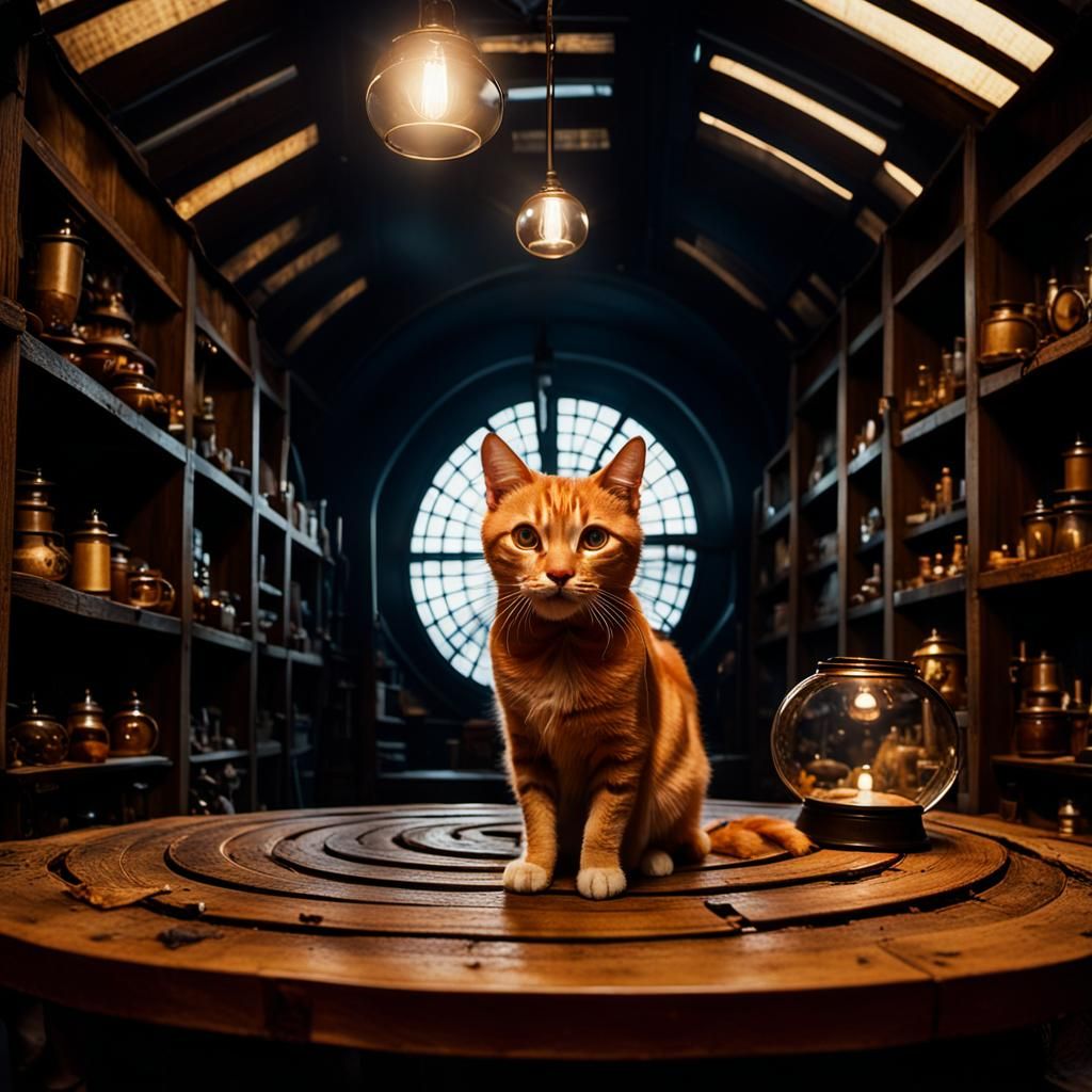 Orange Tabby Cat Witch in Antique Shop