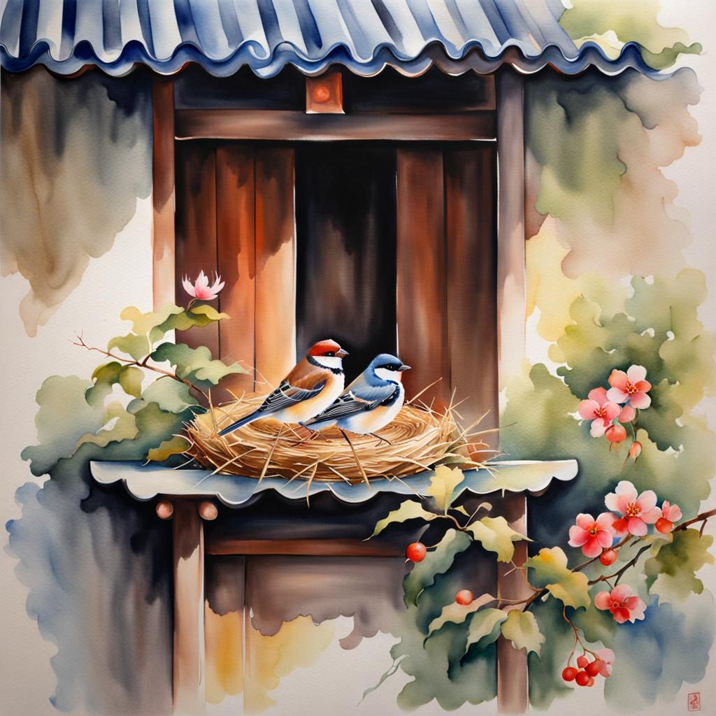 Sparrows and Swallows Watercolor Near Altar