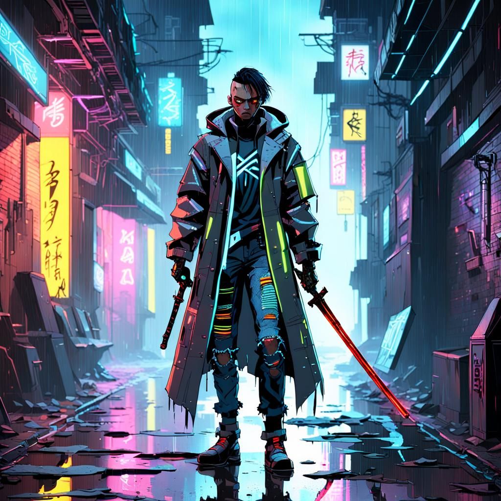 Cyberpunk Cyborg Slayer in Neon Alleyway