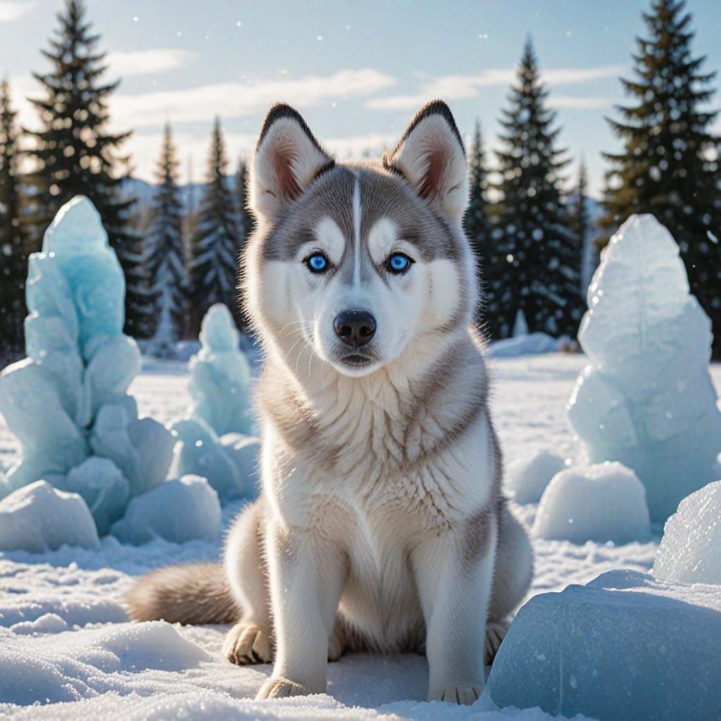 Whimsical Husky Plays in Snowy Meadow with Ice Sculptures