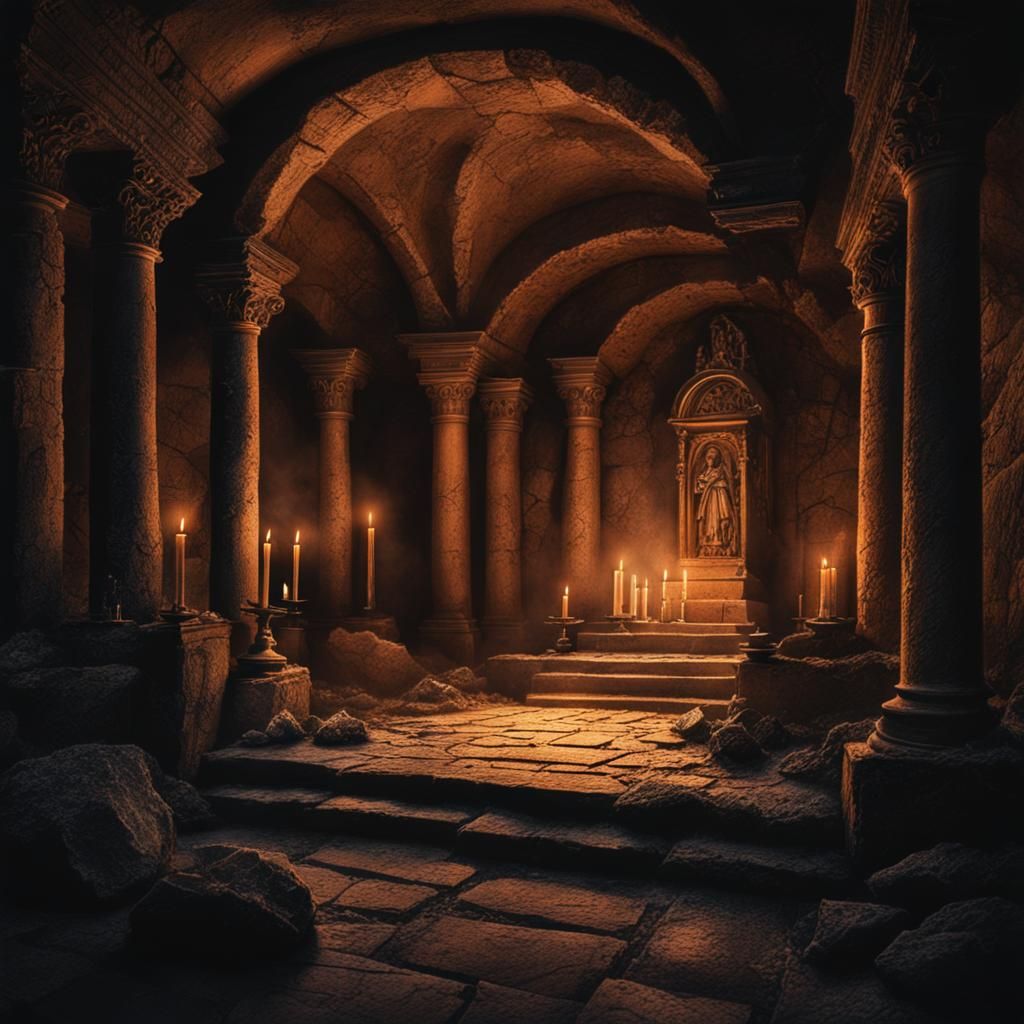 Ominous Ancient Crypt Lit by Candlelight