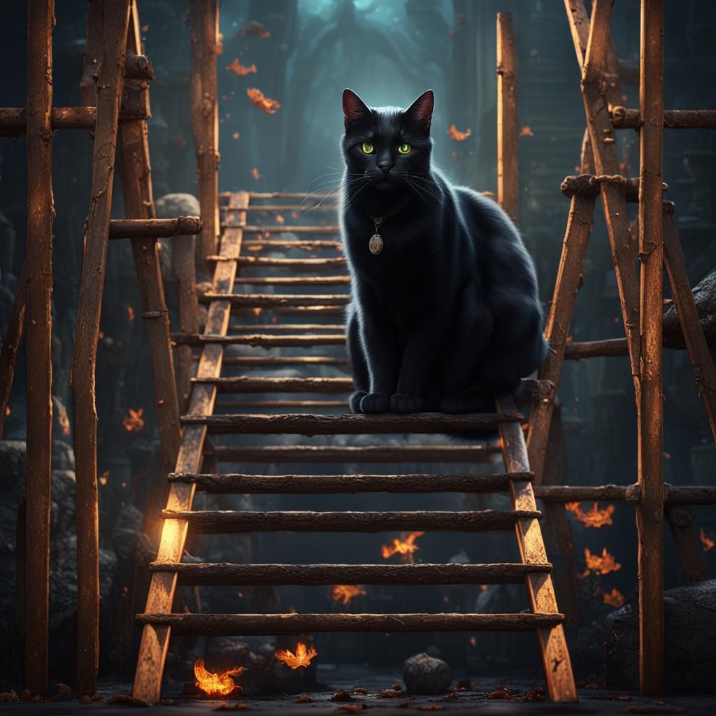 Black Cat Under Ladder, Detailed Fantasy Art