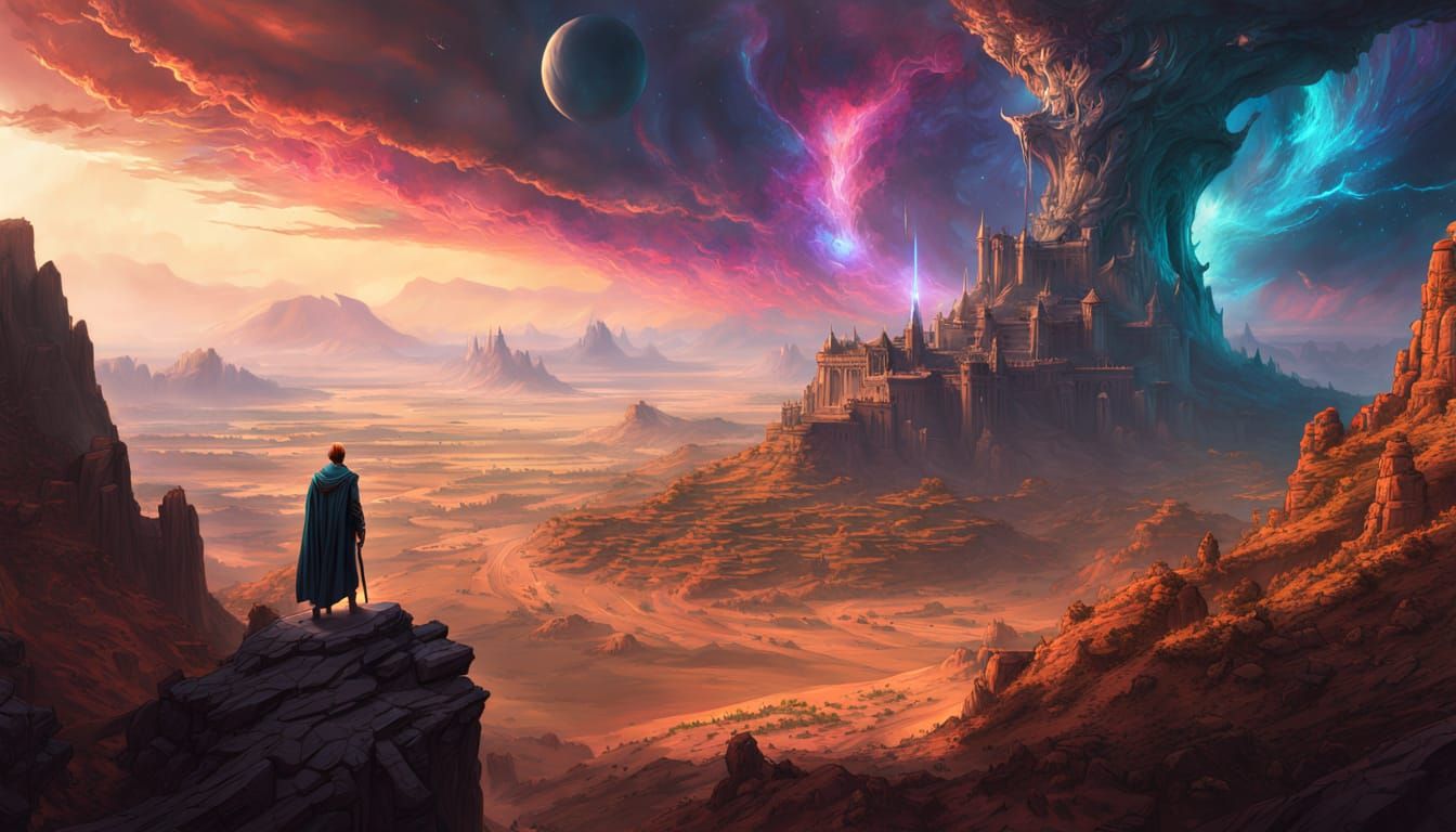 Elf Wanderer on Alien Desert Cliff in Nebula Sky