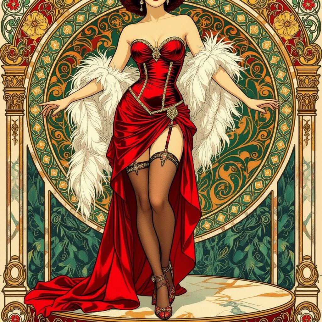 Woman in Toga on Cabaret Stage, Art Nouveau Style