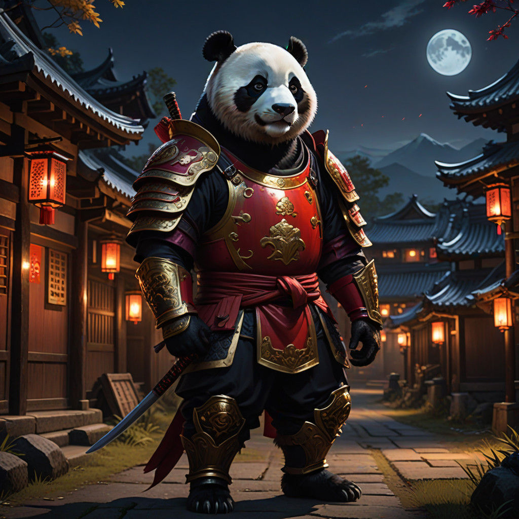 Samurai Panda Emerges from Dark Japanese Village