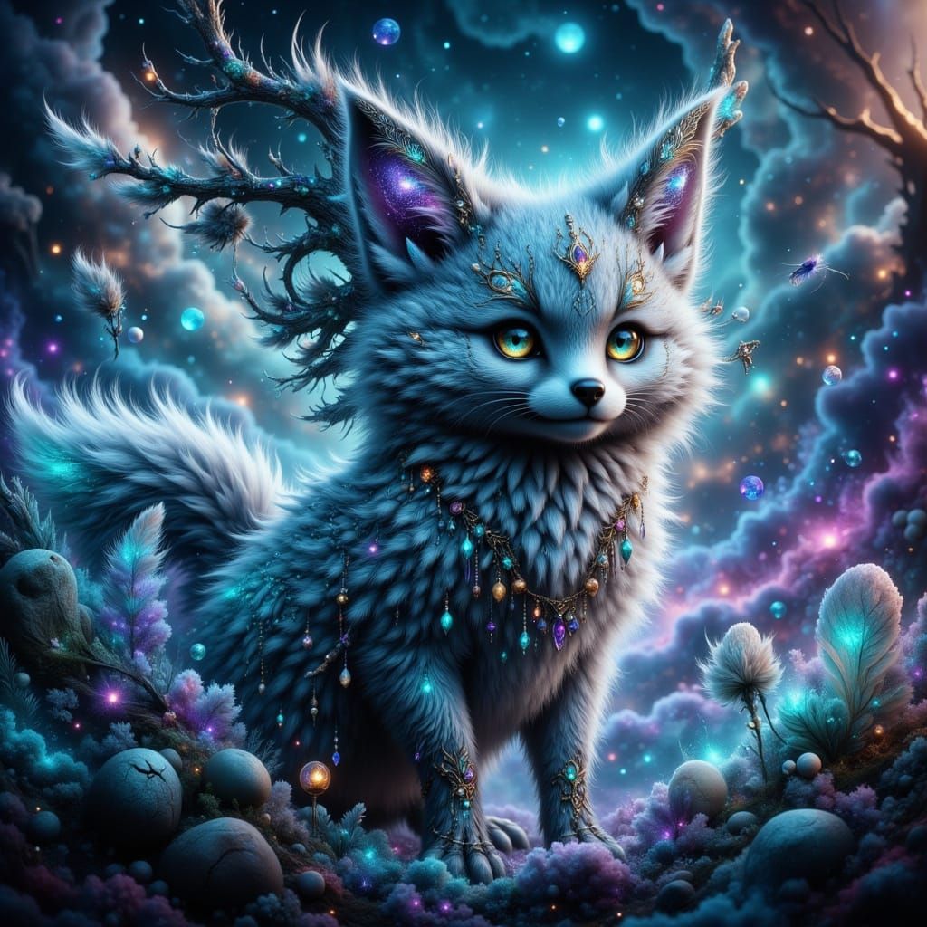 Mythical Fluffy Fox Creature with Wings and Horns