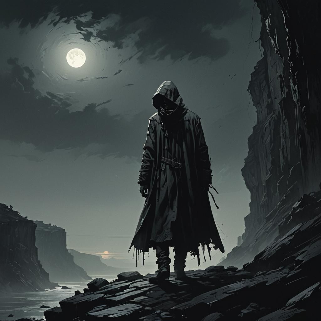 Lonely Figure Stands at Moonlit Cliff's Edge in Dark Fantasy...