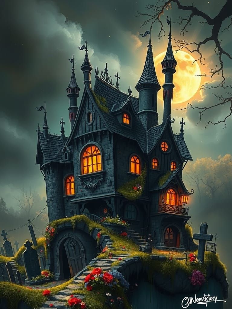 Macabre Fantasy House of Twisted Gravestones in Eerie Romant...