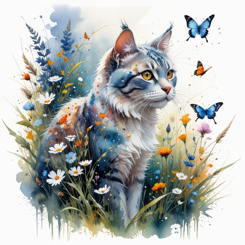 Whimsical Cat and Butterflies in a Vibrant Meadow Scene