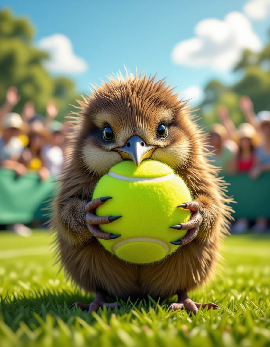 Kiwi Bird Snuggles Tennis Ball: Wide Shot