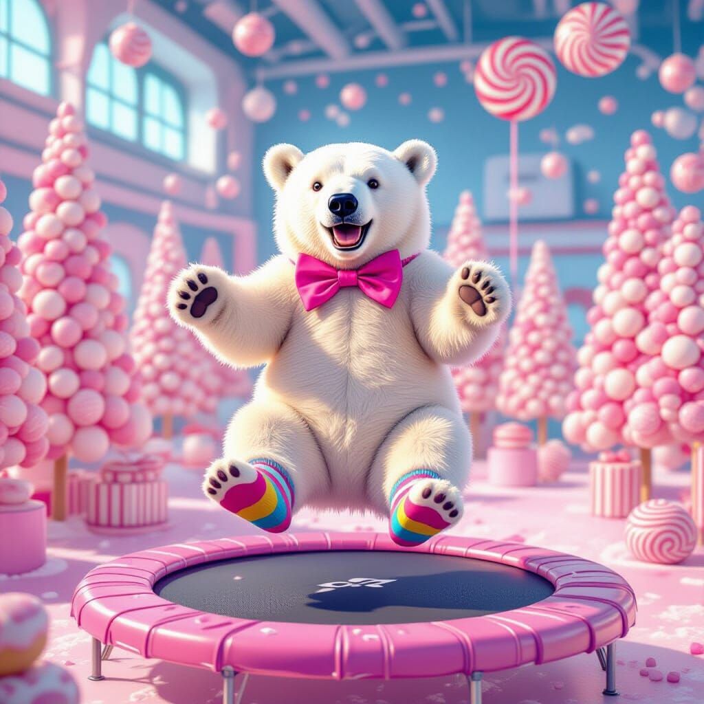 Polar Bear Bouncing in Candy Factory, Digital Painting