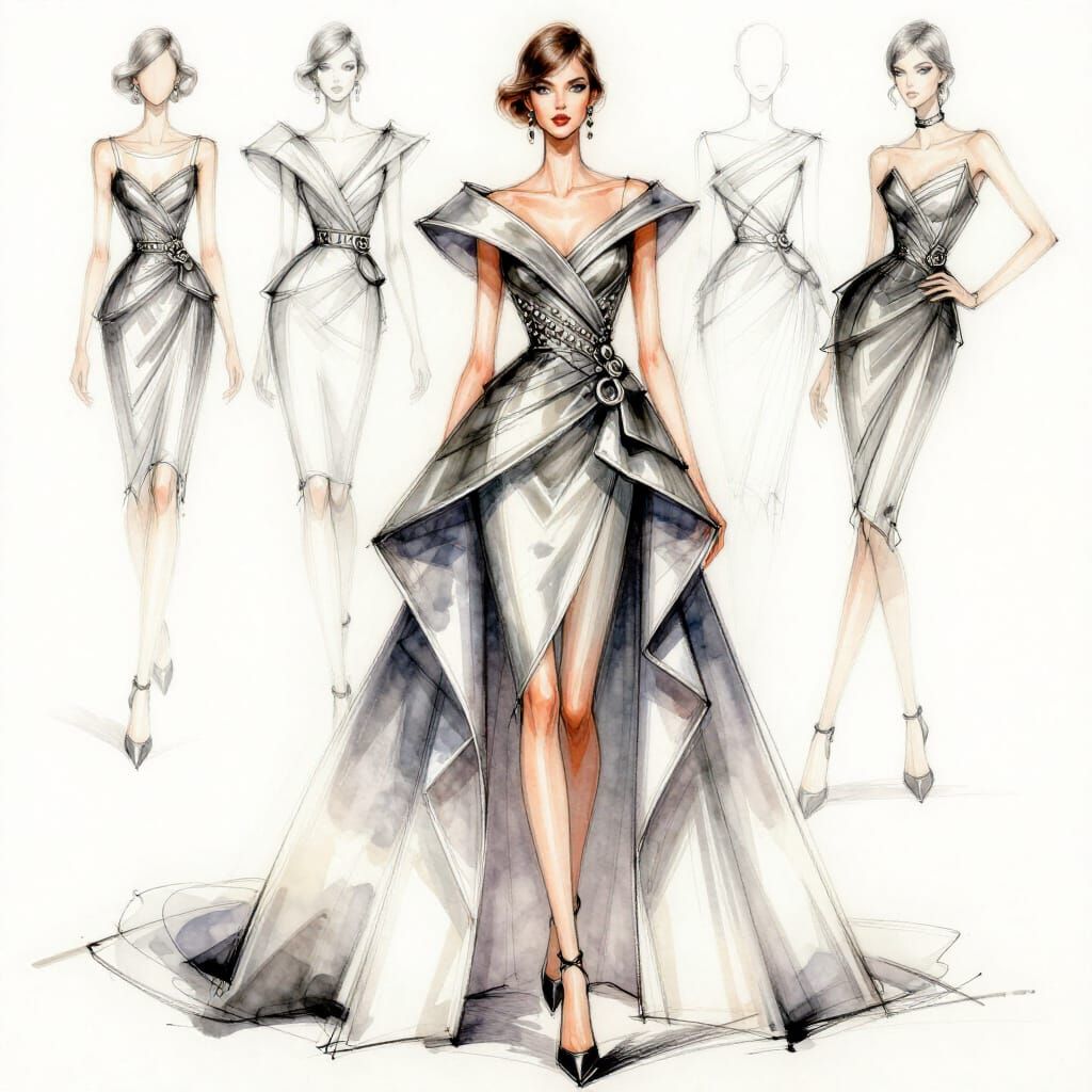 Elegant Avant-Garde Gown Sketch in Classic Fashion Style