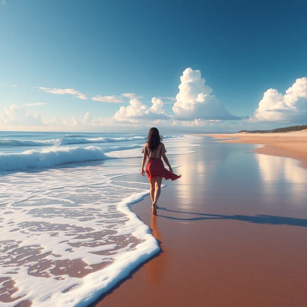 Barefoot Girl on Beach: Detailed Digital Painting