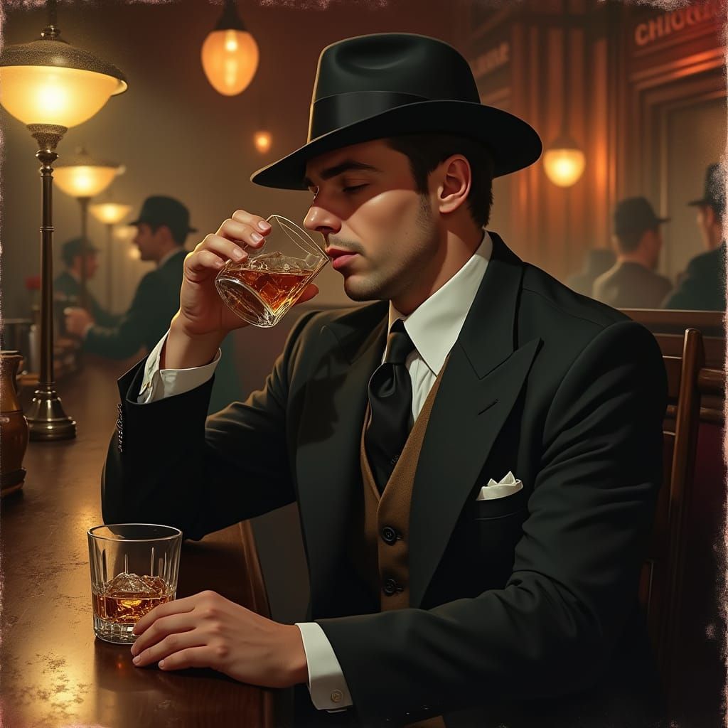 1930s Man Sipping Whiskey in Chicago Bar