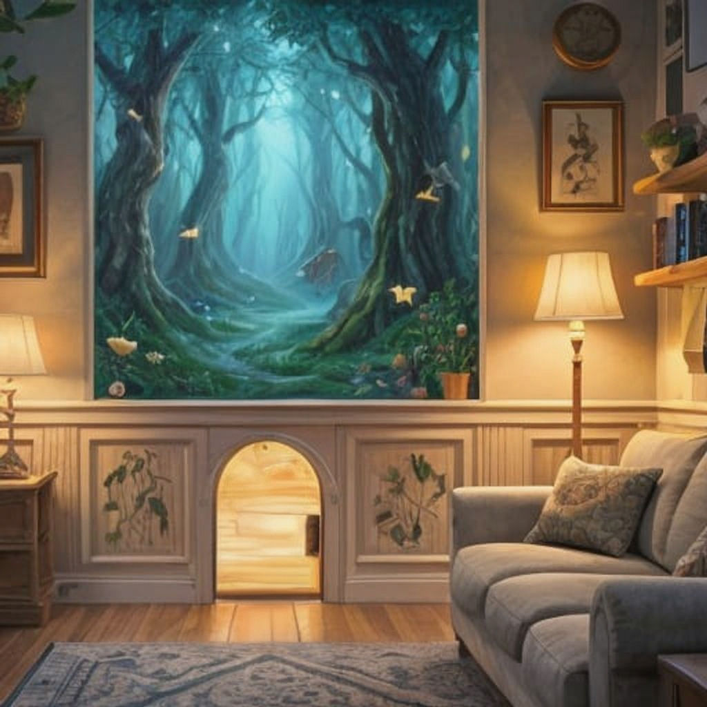 Urban Living Room with Mouse Door to Forest