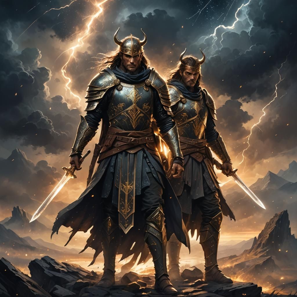 Epic Fantasy Warriors Amidst Stars and Runes