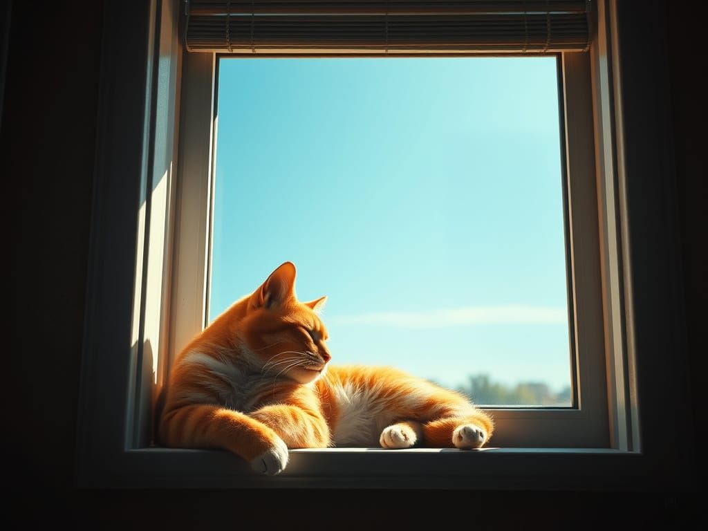 Vibrant Tabby Cat Basks in Sunny Windowsill Scene