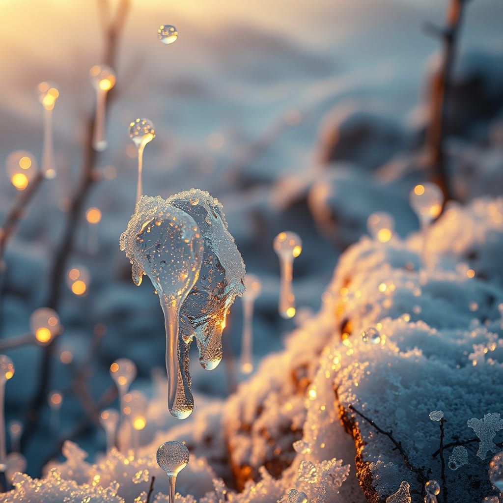 Surreal Hyperreal Landscape with Melting Snow Crystals