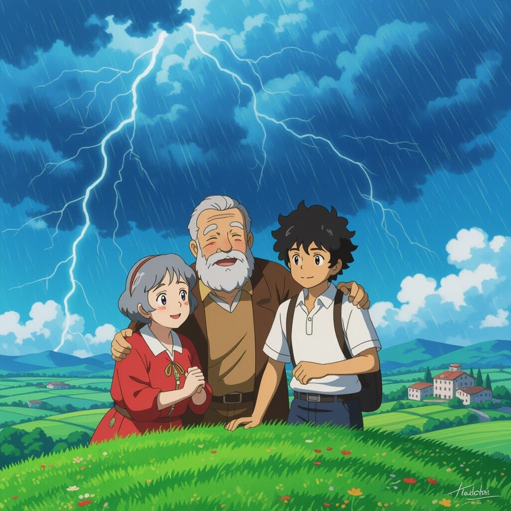 Italian Family on Hilltop in Anime Style