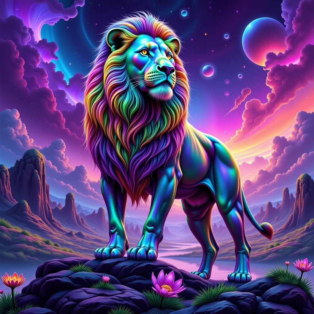 Psychedelic Lion Overlooking Alien Landscape
