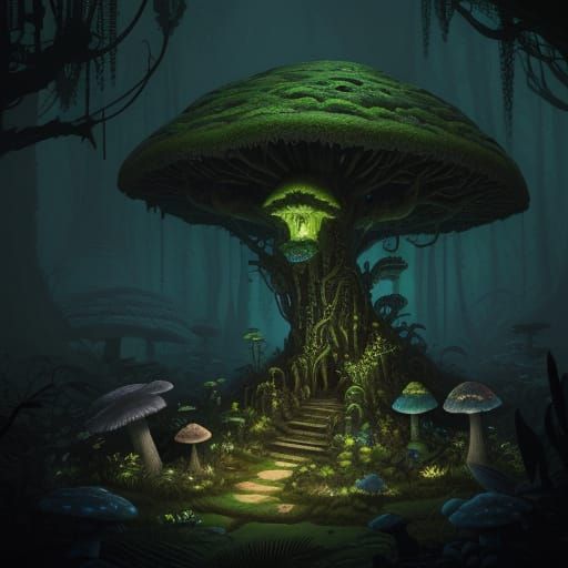 Ancient Golem Awakens in Bioluminescent Jungle at Twilight