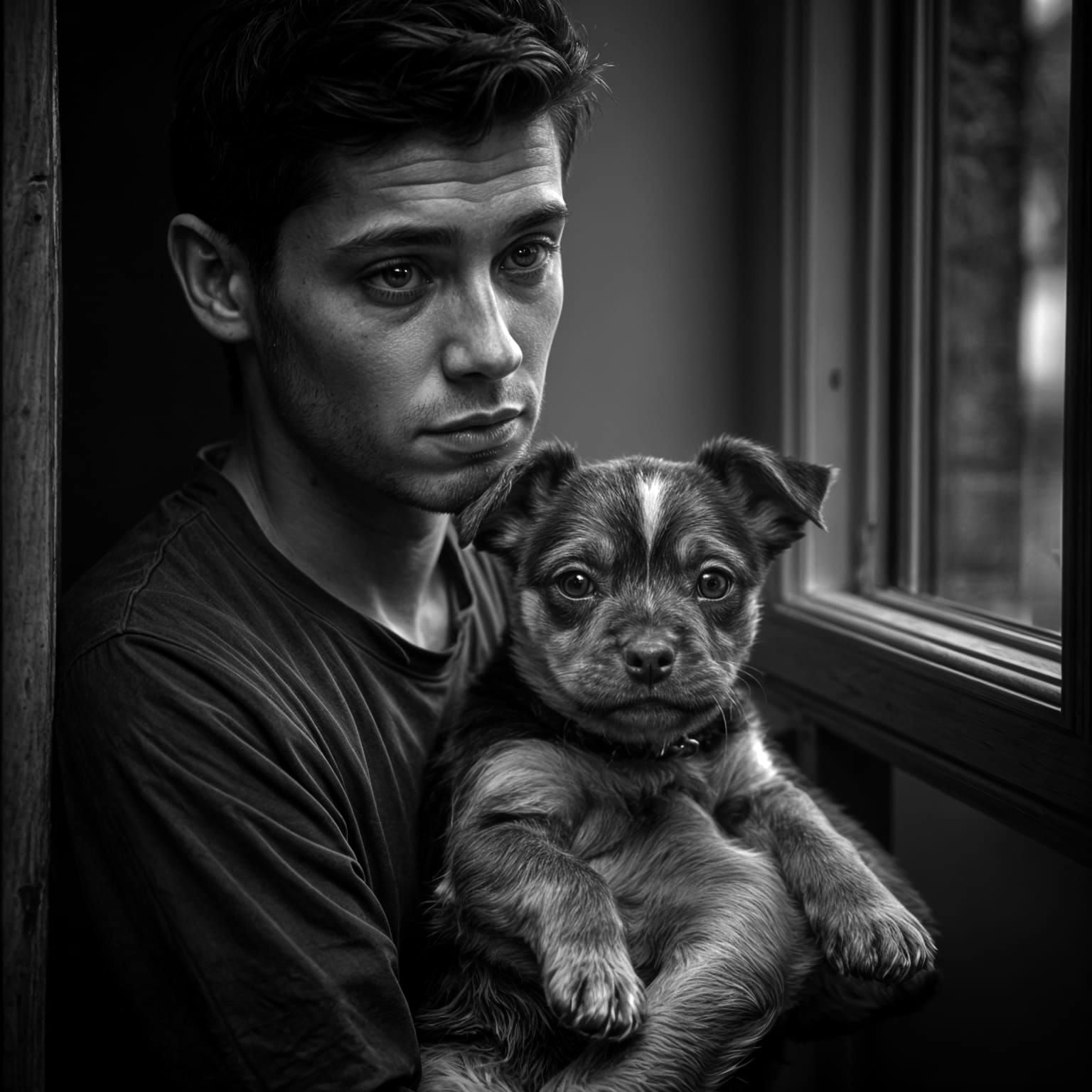 Monotone Portrait: Man with Terrier Puppy
