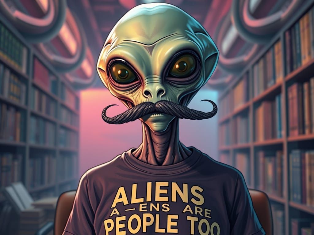 Friendly Alien with Mustache in Library