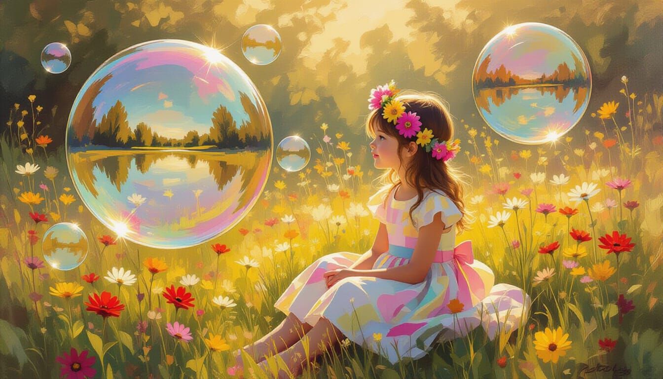 Girl in Meadow Surrounded by Giant Bubbles
