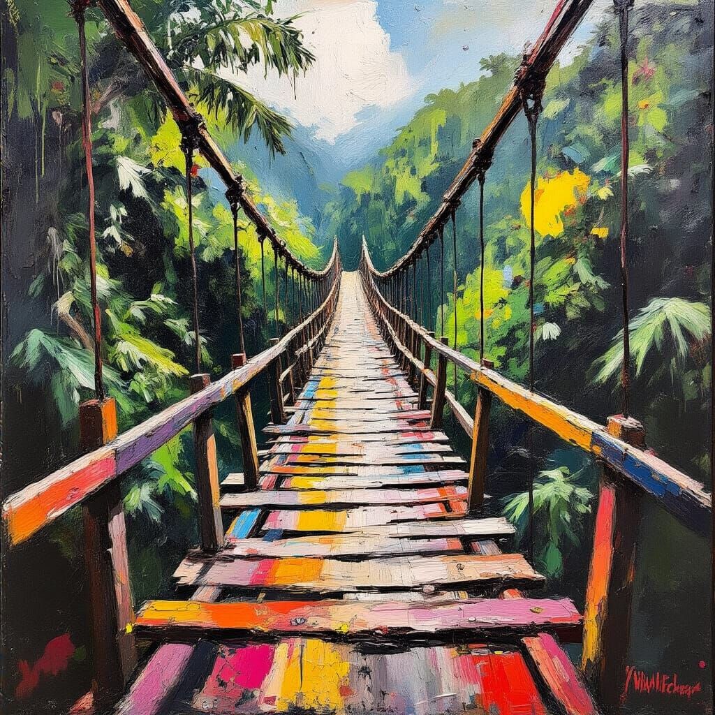 Peruvian Jungle Bridge in Expressive Impasto Style