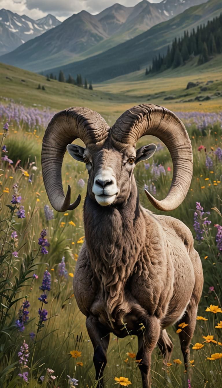 Bighorn Ram in Wildflower Field: Digital Matte Painting