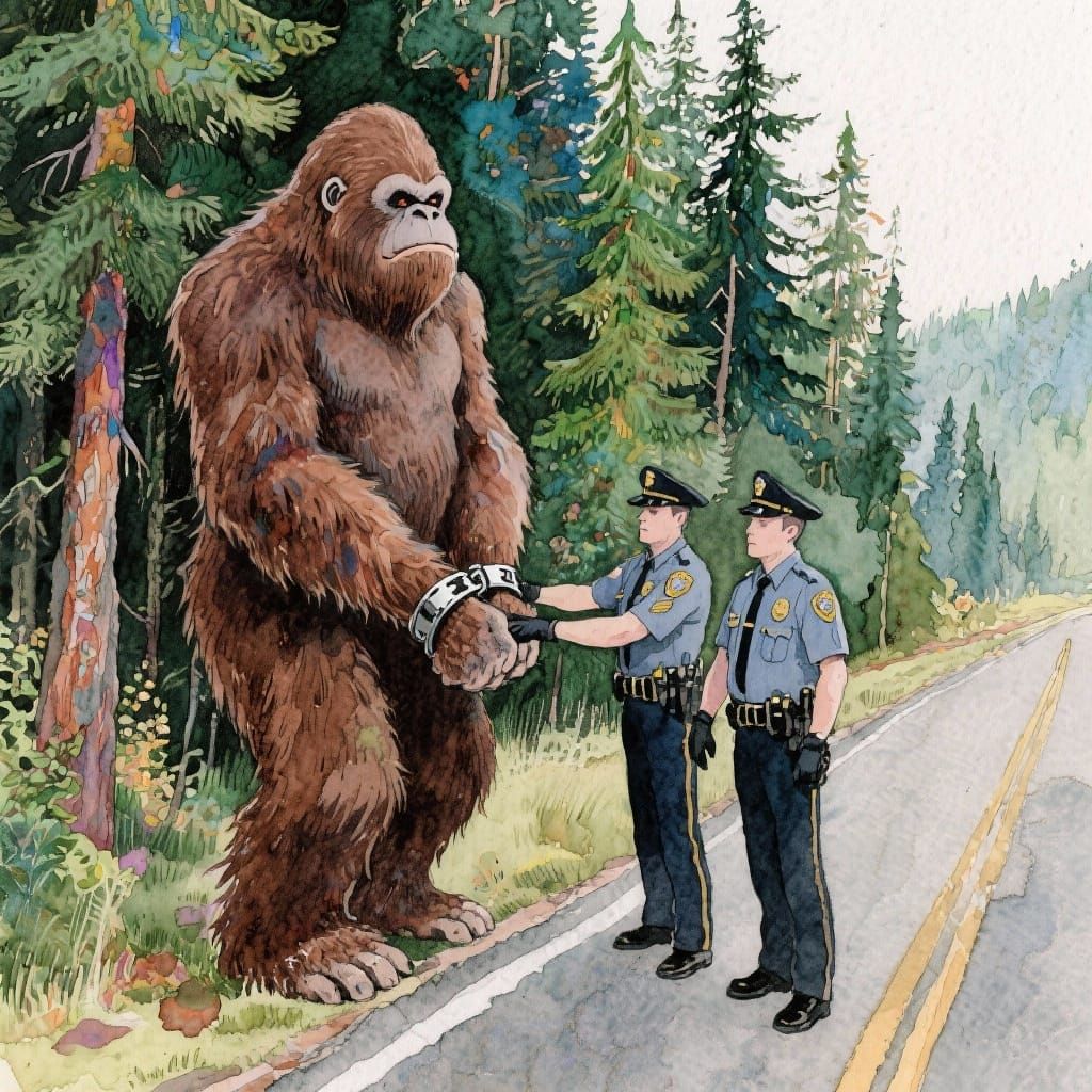 Bigfoot Arrested by Tiny Cops in Alcohol Ink Style