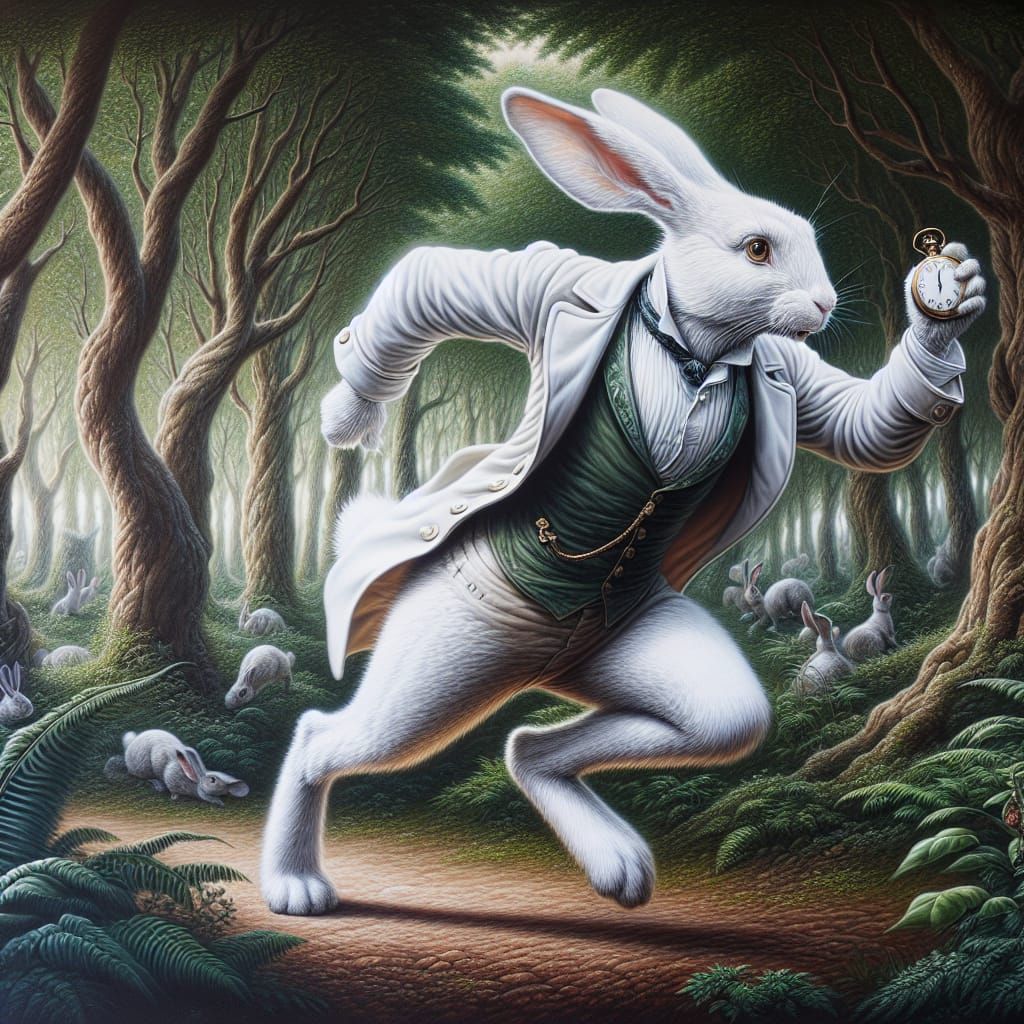 White Rabbit in Forest, Elegant Fantasy Illustration
