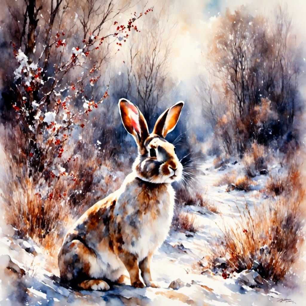 Impressionistic White Bunny in Winter Landscape