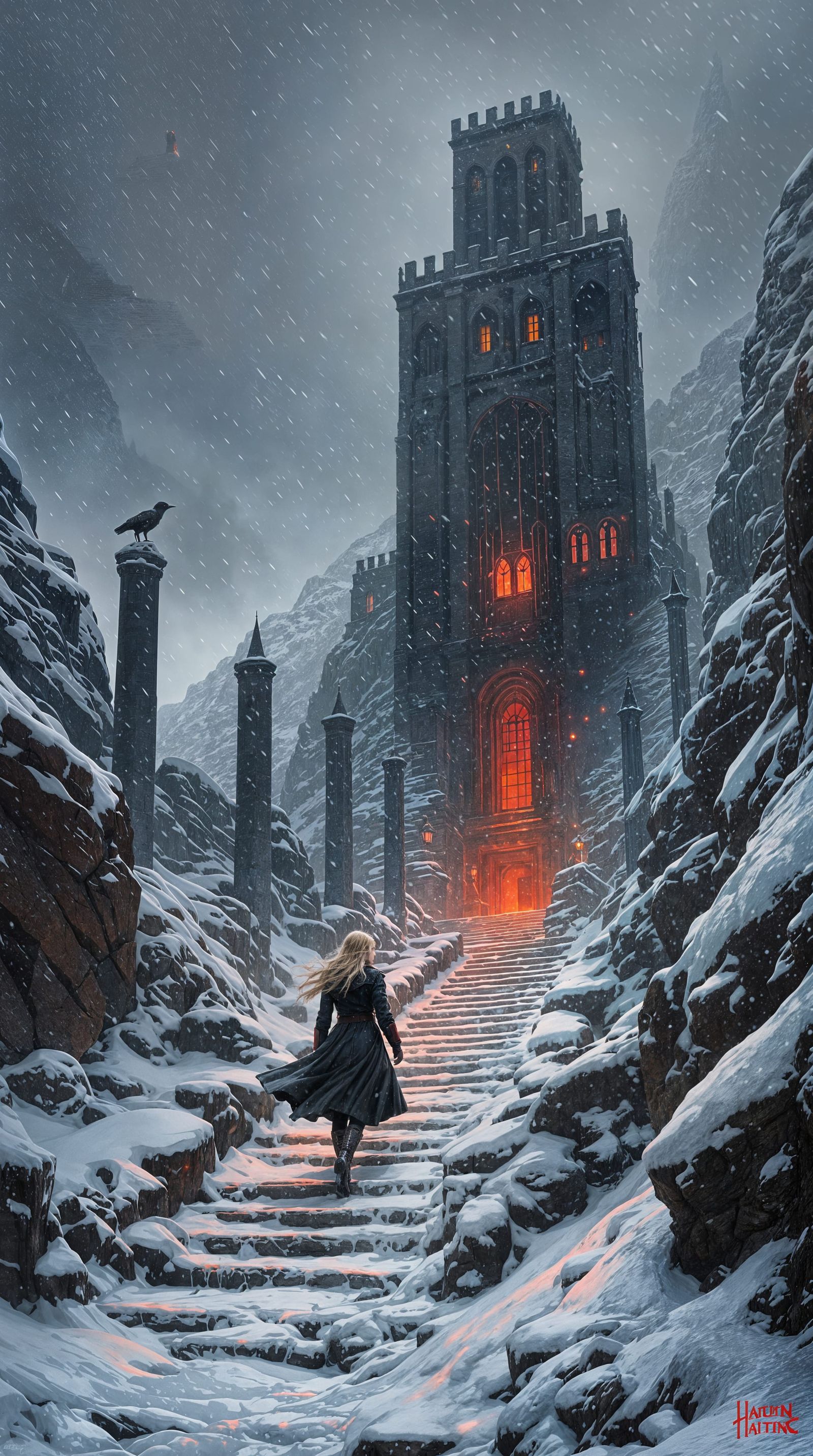 Woman Ascends to the Crimson Citadel in a Stormy Landscape