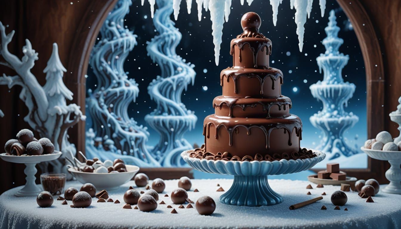 Whimsical Chocolate Fountain Cake on a Frozen Day
