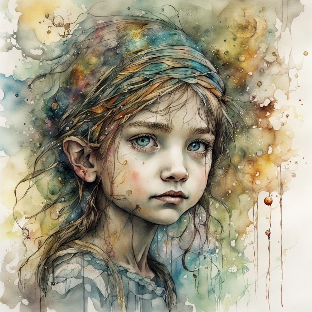 Elf Child Gazing at Orb in Watercolor Portrait