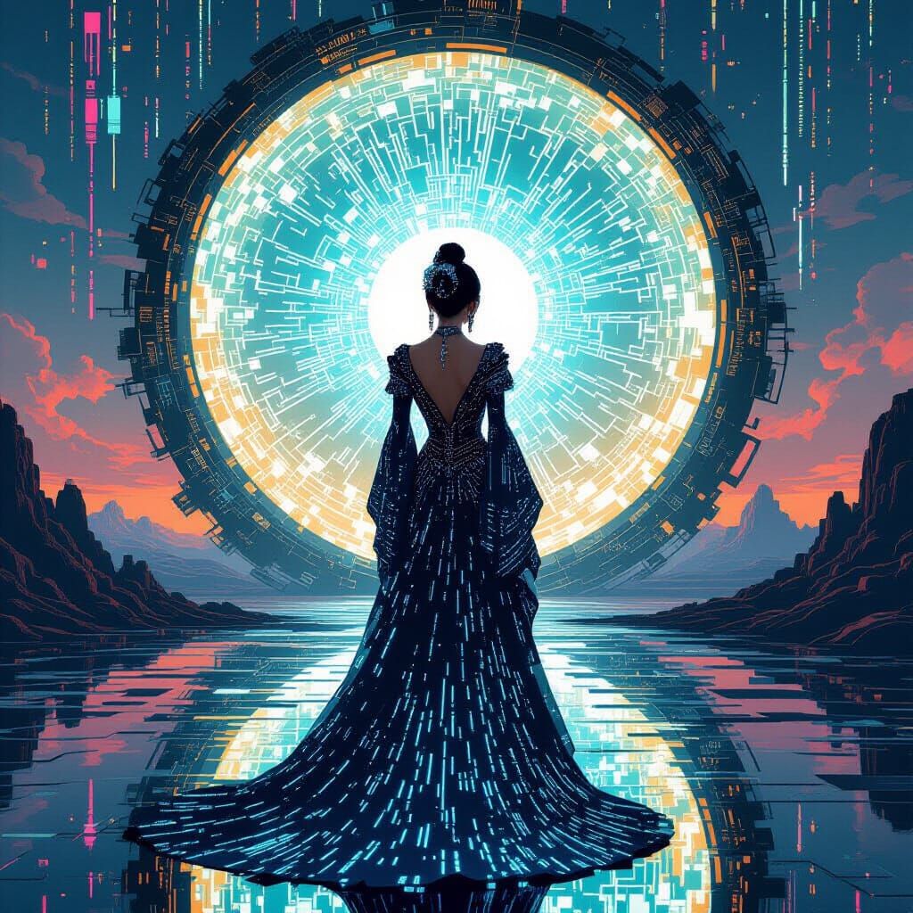 Digital Oracle in Binary Gown Before Glitched Portal