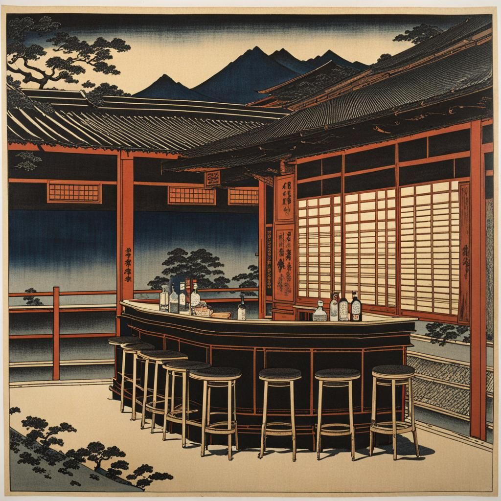 Empty Smoky Bar in Hokusai Block Print Style