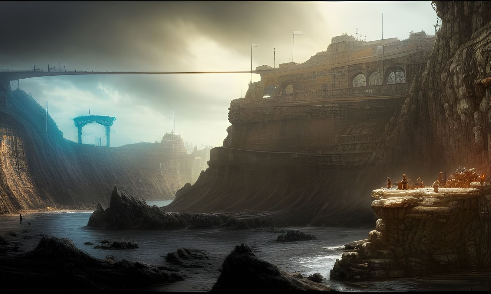 Magical Cliffs with Prisoners in Digital Art Style