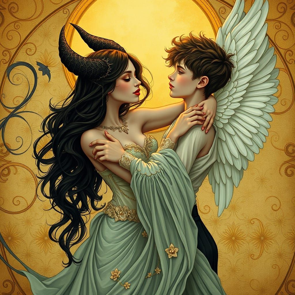 Ethereal Art Nouveau Portrait of a Mythical Women and Angeli...