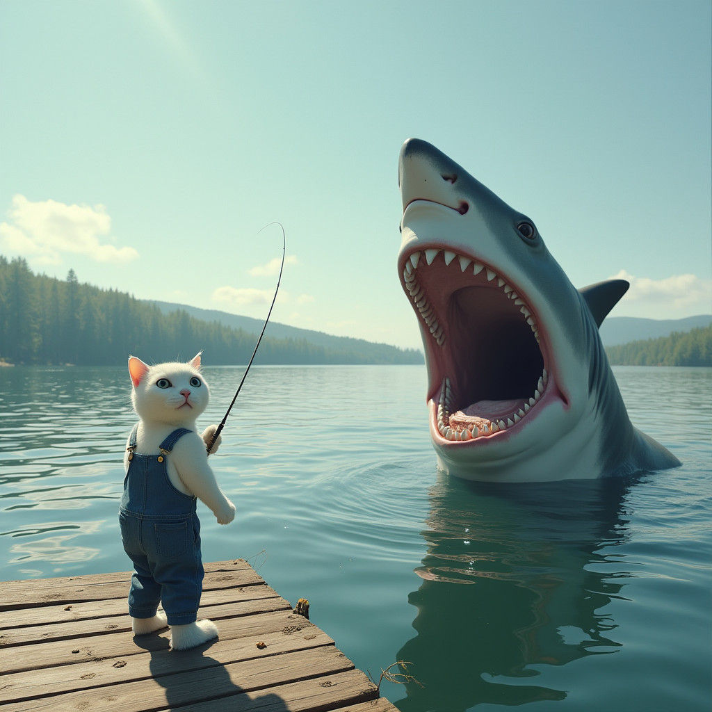 Gigantic Feline Emerges from Lake, Surprising Tiny Shark on...