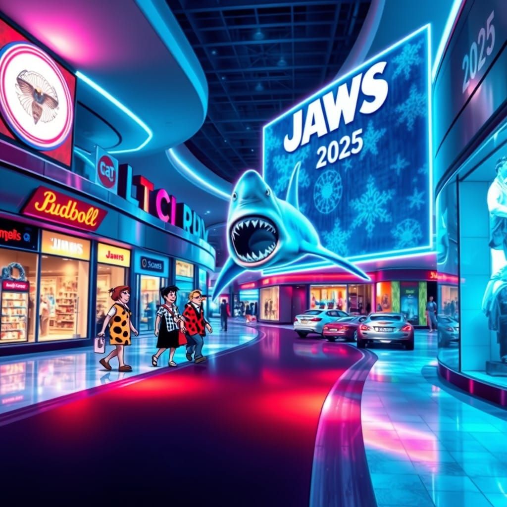 Prehistoric Family Navigates Futuristic Holographic Mall