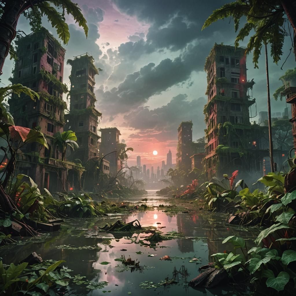 Jungle Overgrowth in Flooded Sci-Fi City