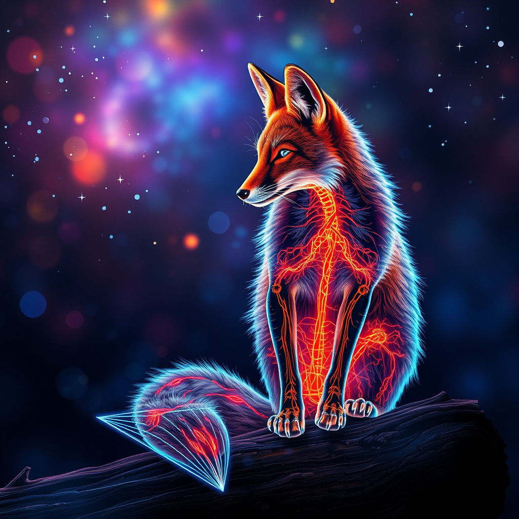 Neon Fox Under Night Sky in Hyperrealistic Style