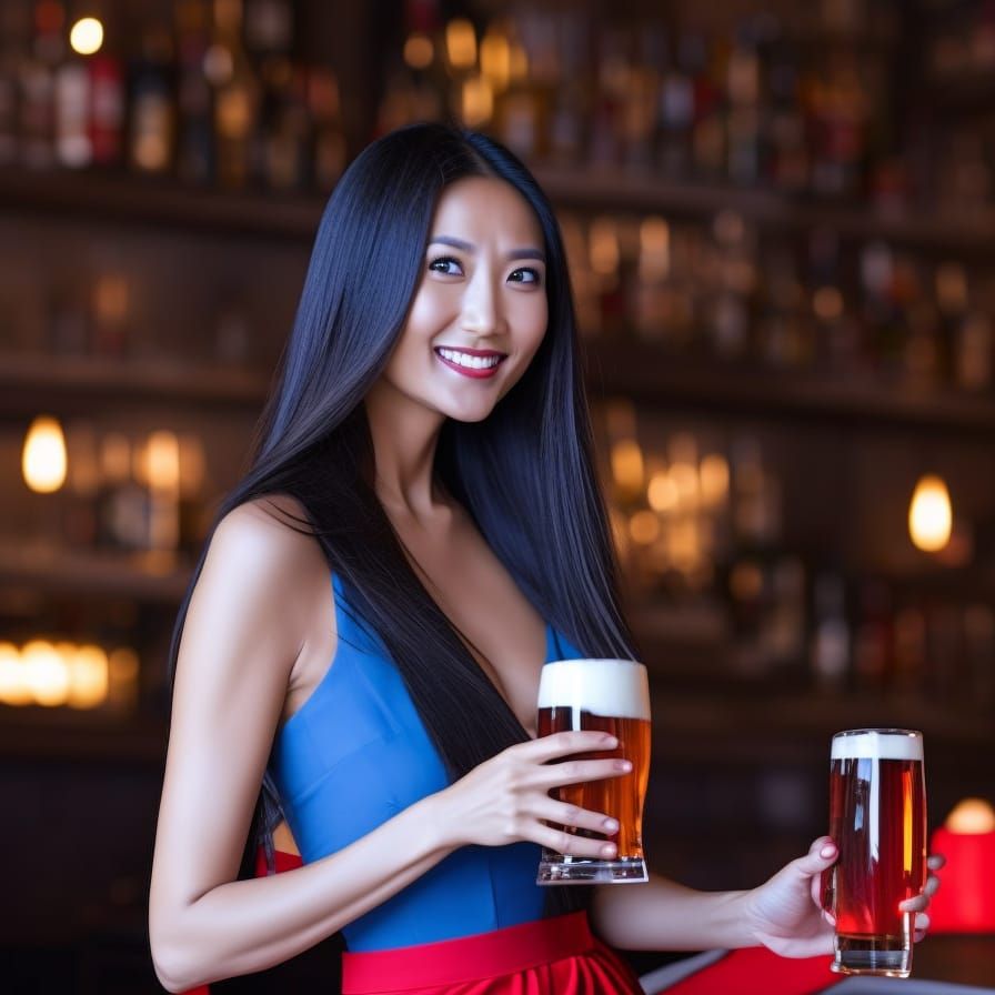 Attractive Dark-Haired Woman Holding Beer Glass