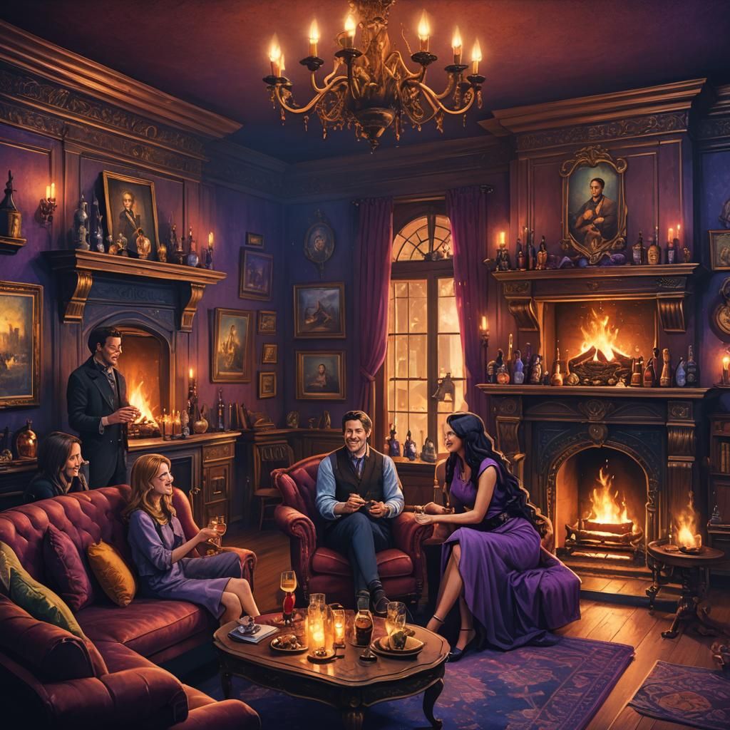 Friends Gathered Around Fireplace in Cozy Parlor