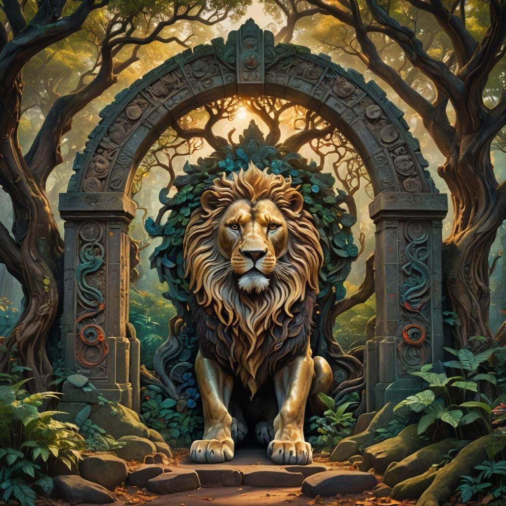 Mystical Lion Gate Portal in Iridescent Forest