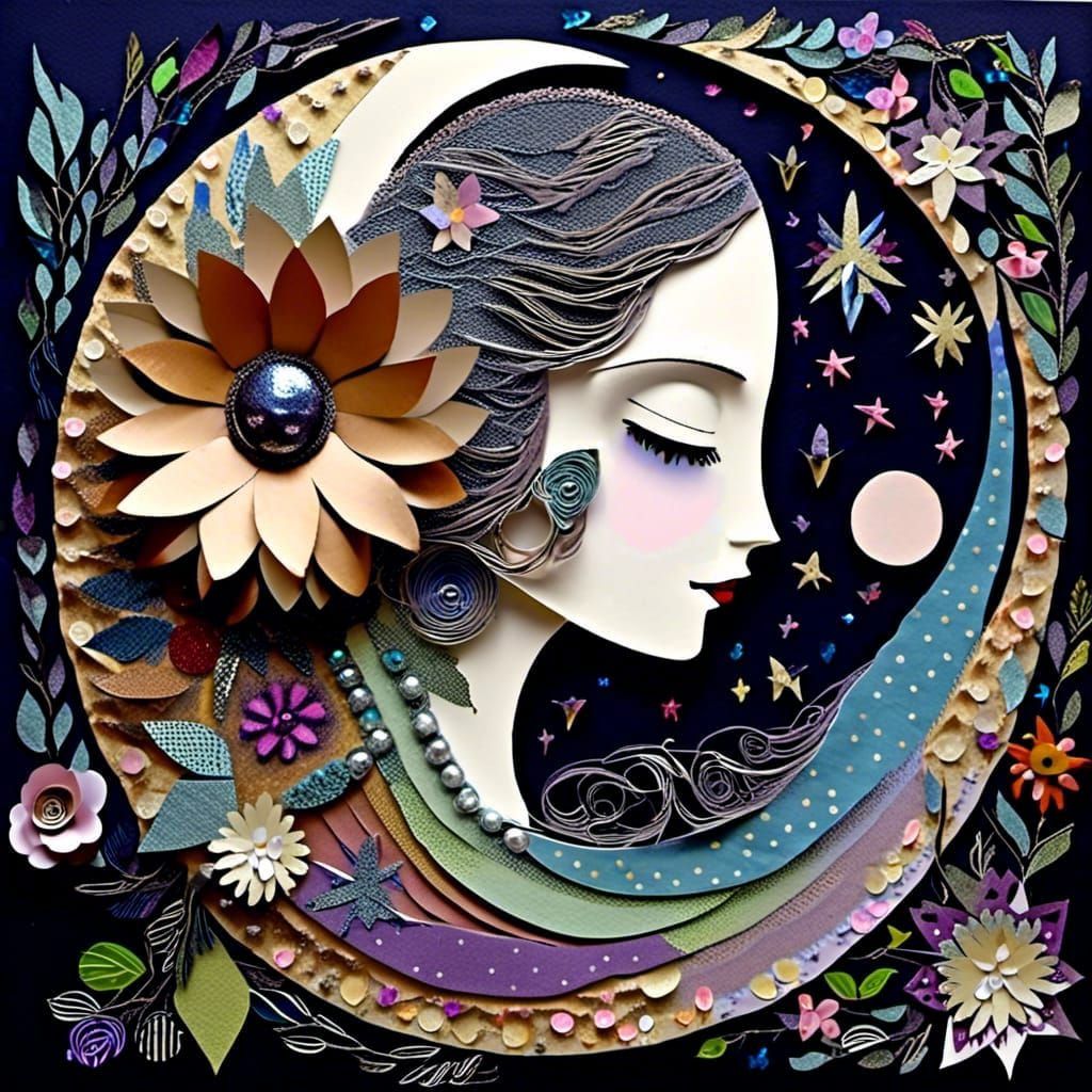 Moonlit Collage Portrait in Mixed Media Style